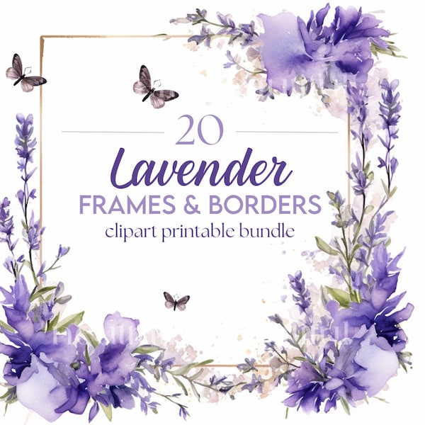 20 x Lavender Borders & Edges Downloadable Clipart - Floral Frame Watercolour Decorative Border Digital Art Pack, Card Making, Craft