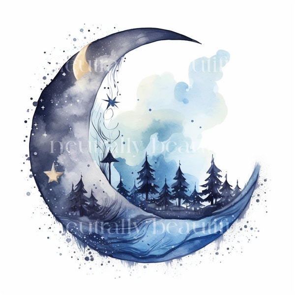 Mythical Moon Downloadable Clipart - 12 JPGs - Downloadable Printable Celestial Night Digital Art Pack with Commercial License