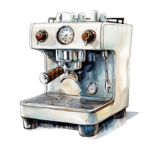 Puede incluir: Una máquina de espresso blanca con un portafiltro cromado y un mango de madera marrón. La máquina tiene un manómetro en la parte delantera y una rejilla negra en la bandeja de goteo.