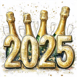10 x 2025 Happy New Year Champagne Clipart Bundle - High Quality JPGs Prints, New Year's Eve Text Sublimation Digital Downloads