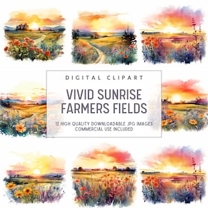 Sunrise Farmers Fields - 12 High Quality Downloadable JPGs - Landscape Clipart Prints, Printable Digital Art, Crafts, Cardmaking, Prints