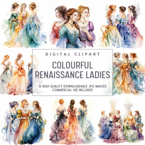 Colourful Renaissance Ladies - 10 High Quality Downloadable JPGs - Clipart Prints, Printable Digital Art, Crafts, Cardmaking, Prints