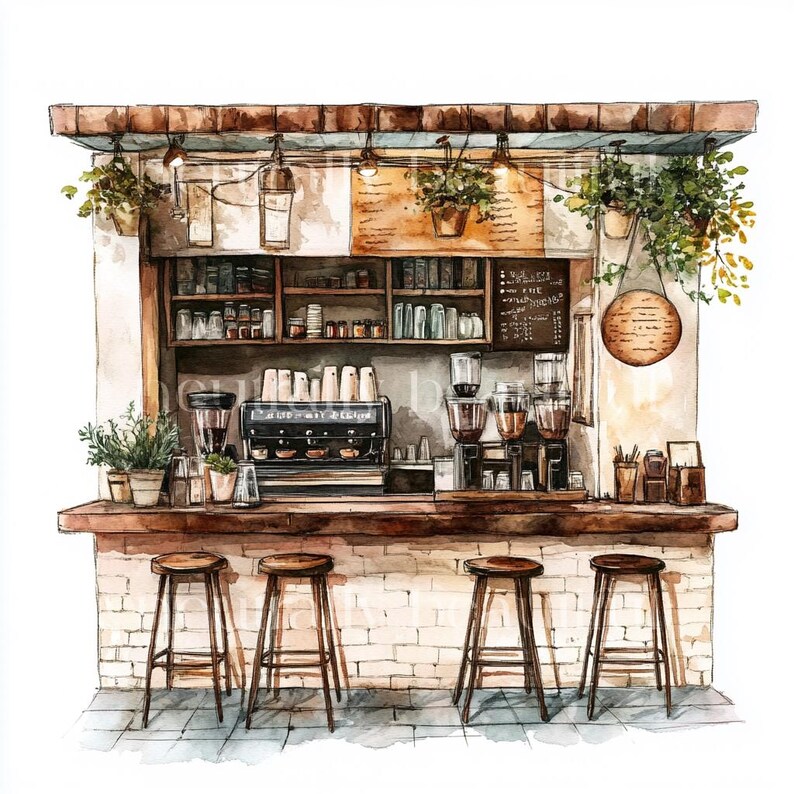 May include: A watercolor illustration of a coffee shop with a wooden counter, brick wall, and four bar stools. The shop has a coffee machine, shelves with jars and cups, and a menu board with prices. There are plants hanging from the ceiling.
