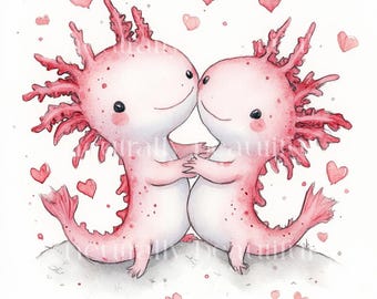 May include: Two pink axolotls with feathery gills are hugging each other. They are surrounded by small pink hearts on a white background.