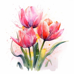 Tulips Downloadable Clipart - 16 High Quality JPGs - Downloadable Printable Flowers Watercolour Digital Art Pack, Card Making, Prints