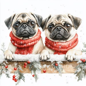 12 X Two Pug Dogs at Christmas Clipart Bundle - High Quality Jpgs Two ...