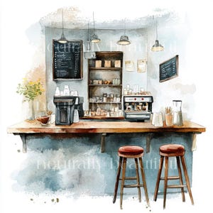 May include: A watercolor painting of a coffee shop interior. The scene features a wooden counter with two bar stools, a coffee machine, and shelves stocked with coffee supplies. The walls are painted a light blue color, and the ceiling has exposed beams.