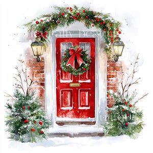 10 x Christmas Front Door Cottage Clipart - High Quality JPGs - Holidays Printable Digital Download Art & Cards, Cardmaking - Downloadable