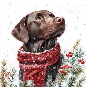 Könnte beinhalten: Ein brauner Labrador Retriever, der einen roten Strickpullover trägt, schaut mit schneebedecktem Hintergrund nach oben. Der Hund ist von grünen Kiefernästen mit roten Beeren umgeben.