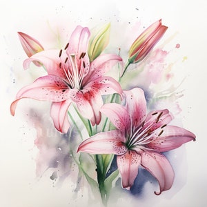 Lilies Downloadable Clipart - 20 High Quality JPGs - Downloadable Printable Flowers Watercolour Digital Art Pack, Card Making, Prints