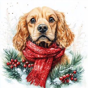 Puede incluir: Un cocker spaniel marrón dorado con una bufanda de punto roja sobre un fondo nevado con ramas de pino verdes y bayas rojas.