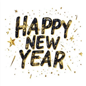 以下が含まれることがあります： 白い背景に黒と金のキラキラした文字で「Happy New Year」と書かれています。