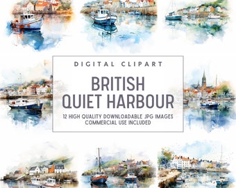 British Quiet Harbour Landscape - 12 High Quality Downloadable JPGs - Landscape Clipart Prints, Printable Digital Art, Crafts, Prints