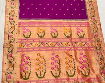 Handgetouwen van pure zijde Asavali Paithani Saree | Yeola Paithani | Asavali bloemmotief | Maharashtrian bruidsbruiloft Saree