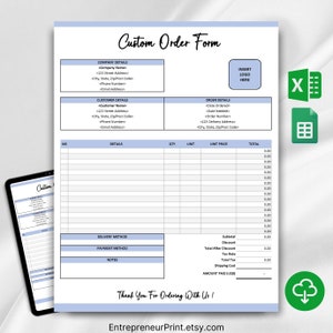 Custom Order Forms Template Excel/Google Sheets | Automated Spreadsheet Simple Order Form | Small Business Document Instant Digital Download