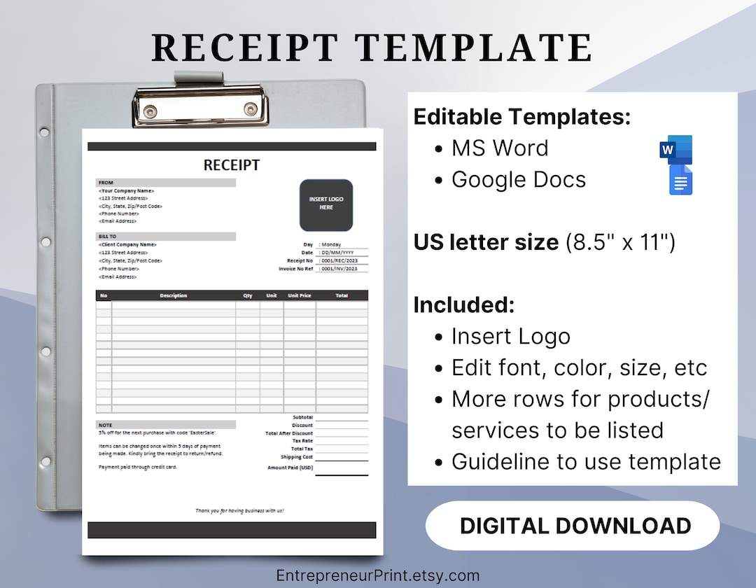 Receipt Template in Microsoft Word/google Docs. Business Receipt for
