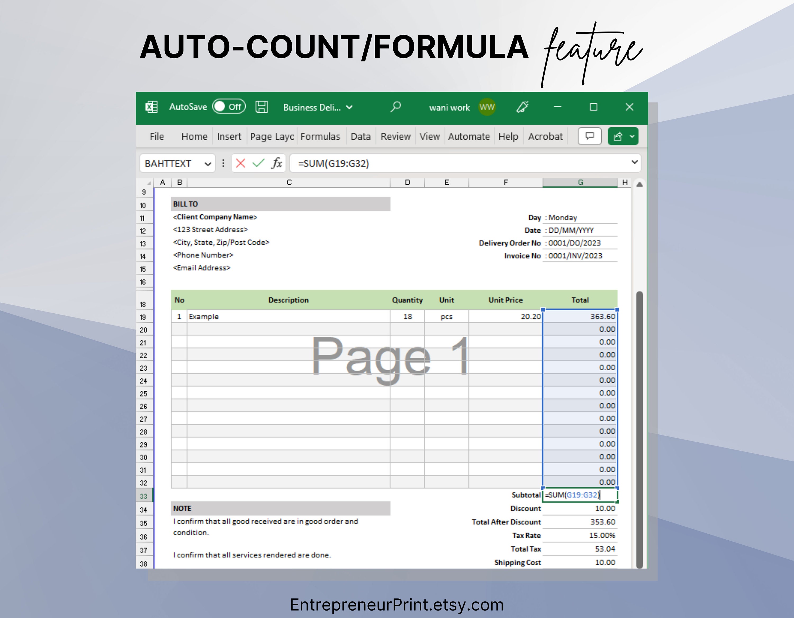 Plantilla de orden de entrega en Excel o Google Sheets. Plantilla de ...