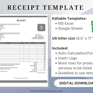 Receipt Template Excel/Google Sheets. Automated Spreadsheet. Receipts for Small Business. Editable Receipt. Printable Receipt. Cash Receipt.