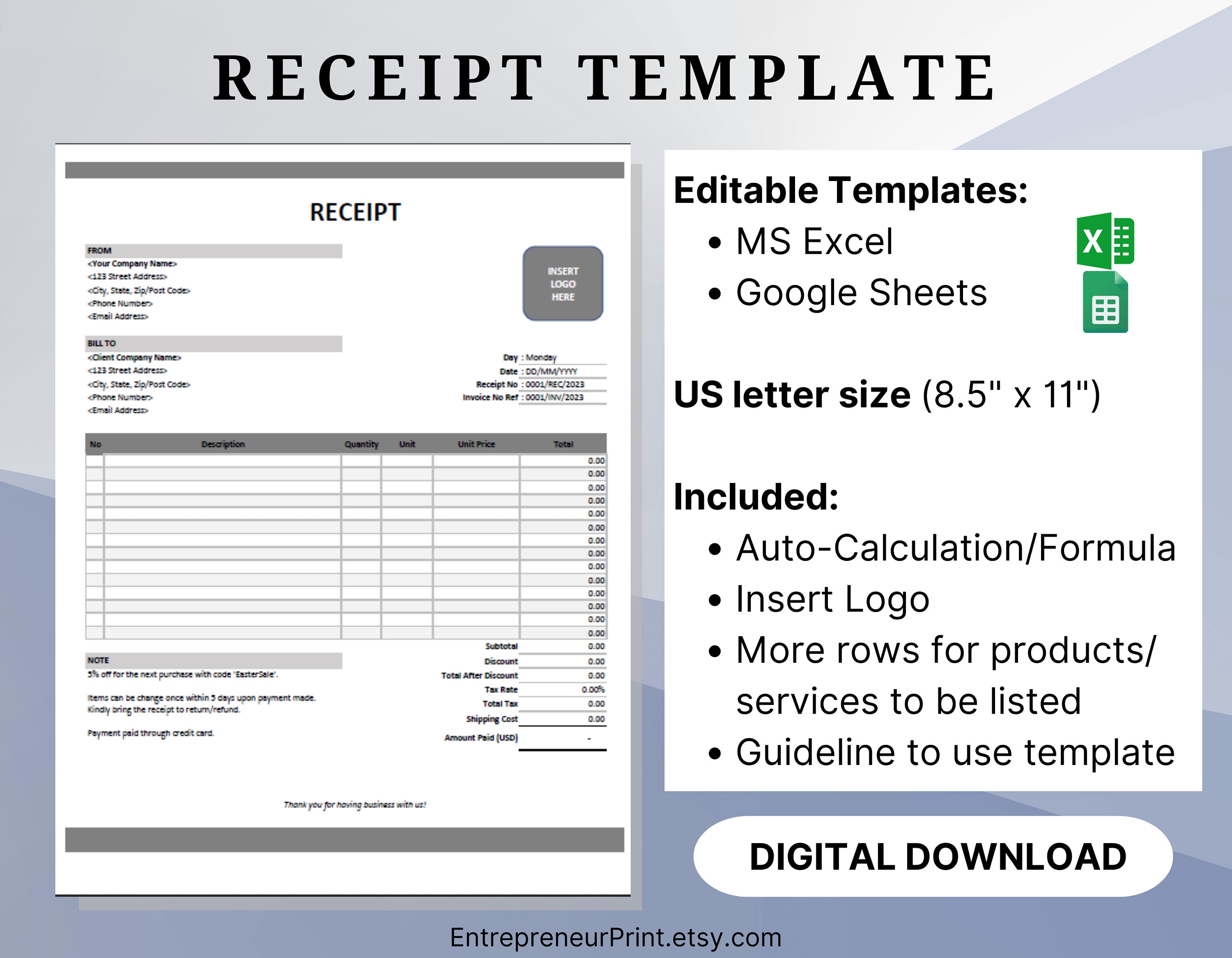 Receipt Template Excel/google Sheets. Automated Spreadsheet. Etsy