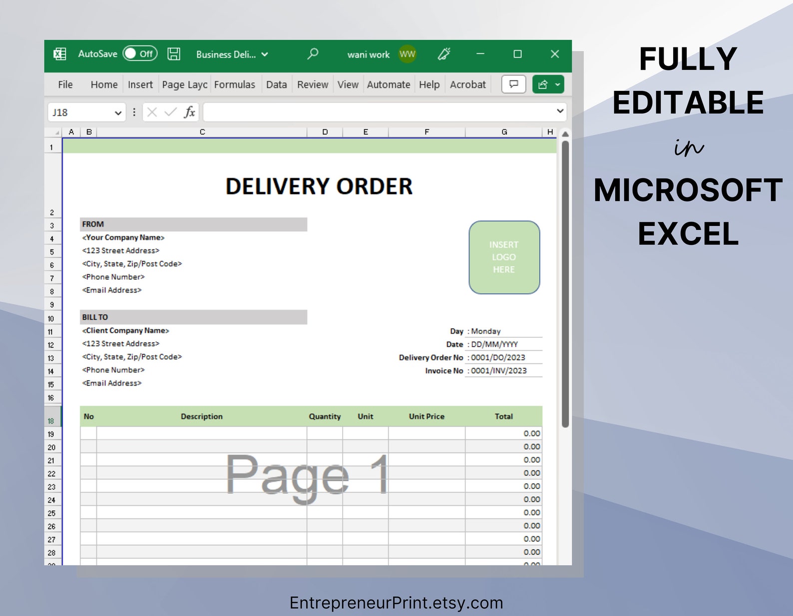 Plantilla de orden de entrega en Excel o Google Sheets. Plantilla de ...