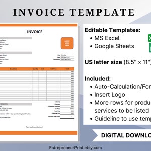 Puede incluir: Una plantilla de factura naranja y blanca para Microsoft Excel y Google Sheets. La plantilla es de tamaño carta de EE. UU. (8,5 pulgadas por 11 pulgadas) e incluye cálculo automático, un espacio reservado para el logotipo y espacio para varios productos o servicios.