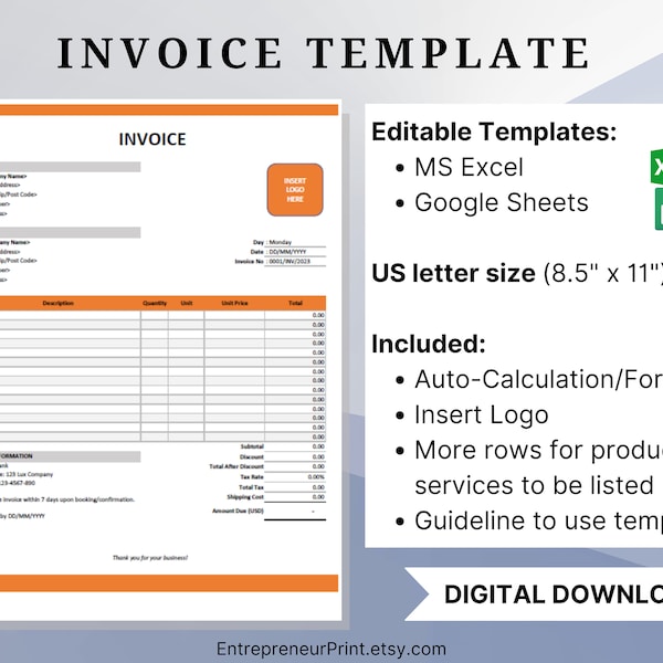 Invoice Templates Excel/Google Sheets. Auto Calculate Invoice Template. Automated Order Form With Logo. Simple Bill of Sale Templates.