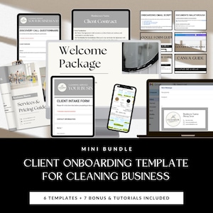 Könnte beinhalten: Ein digitales Marketing-Paket für Reinigungsfirmen. Das Paket enthält 6 Vorlagen und 7 Bonus-Tutorials. Die Vorlagen umfassen einen Kundenvertrag, einen Fragebogen für Entdeckungstelefonate, einen Leitfaden für Dienstleistungen und Preise, ein Kundenaufnahmeformular, ein Onboarding-E-Mail-Skript, einen Google-Formularleitfaden, eine Google-Formularüberschrift und einen Canva-Leitfaden.