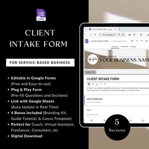 May include: A digital client intake form template for service-based businesses. The form is editable in Google Forms, plug & play, and links with Google Sheets. Includes bonus branding kit, guide, and Canva template. The image shows a tablet with the form displayed.
