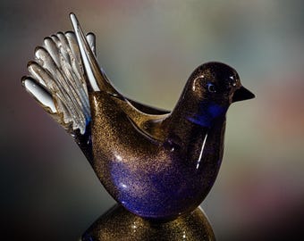 Formia Vetri Di Murano - Uccello con foglia d'oro - Lunghezza 13,5 cm - Murano 1980-2000