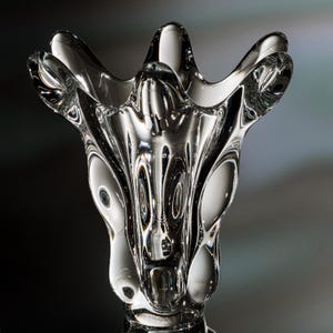 Könnte beinhalten: Eine klare Glasvase mit einer einzigartigen, organischen Form. Die Vase hat eine breite, geriffelte Oberseite mit mehreren blütenblattartigen Ausbuchtungen. Der Körper der Vase weist eine Reihe von abgerundeten, blasenartigen Vertiefungen auf, die ein strukturiertes Aussehen erzeugen.