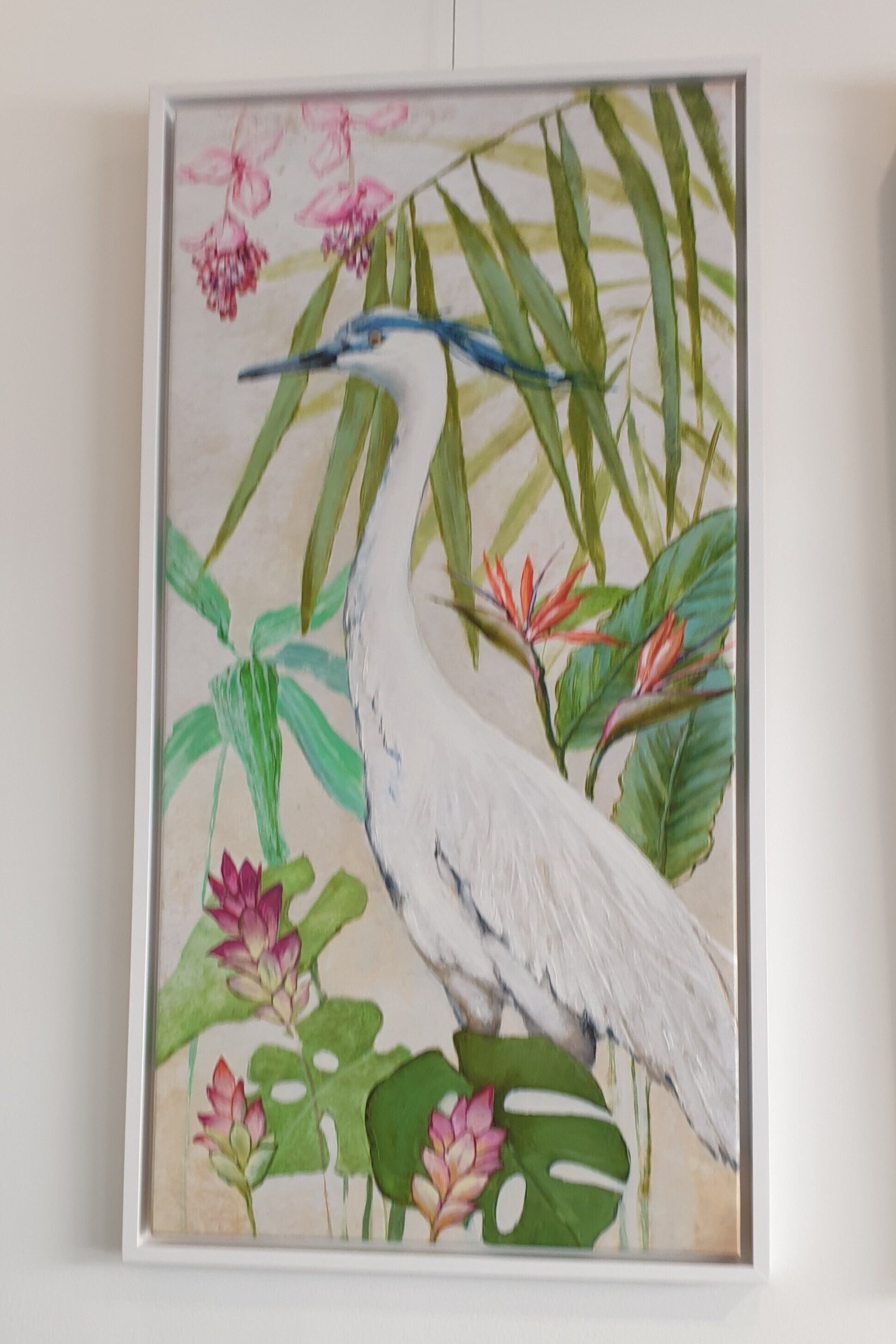 Tableau en Toile Héron Blanc Encadrement Blanc