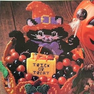 Vintage plastic canvas Halloween kat snoep schotel patroon, PDF-download, directe toegang