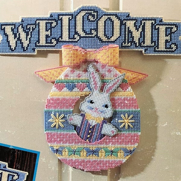 Vintage Plastic Canvas Easter Bunny and Egg Door Decoration Pattern, Welcome Holiday Sign, PDF Download, Instant Access
