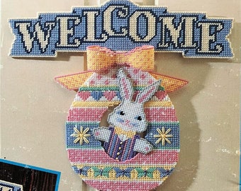 Vintage Plastic Canvas Easter Bunny and Egg Door Decoration Pattern, Welcome Holiday Sign, PDF Download, Instant Access