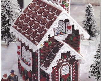 Vintage Plastic Canvas Christmas House Tissue Box Cover Pattern, PDF Download, Instant Access