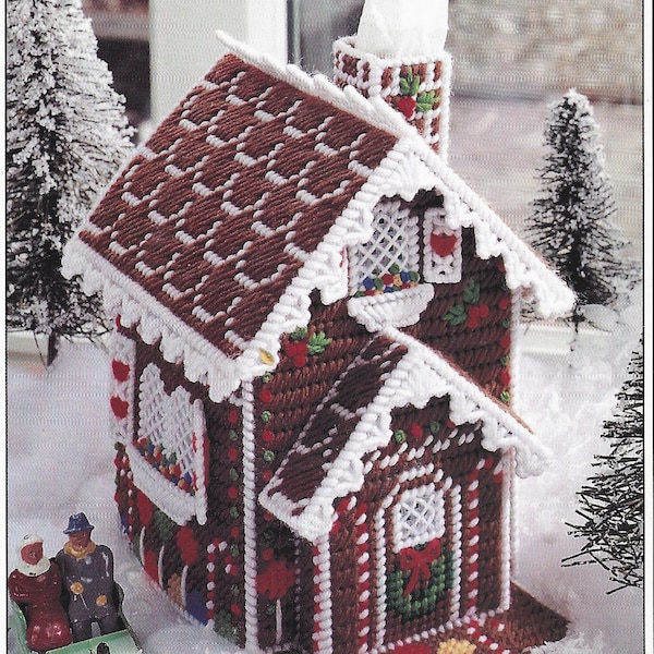 Vintage Plastic Canvas Christmas House Tissue Box Cover Pattern, PDF Download, Instant Access