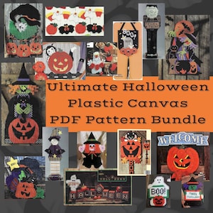 Vintage Plastic Canvas Ultimate Halloween Decor Bundle, PDF Download, Instant Access, Wall & Door Decorations, Witch, Pumpkin, Ghost, Bats