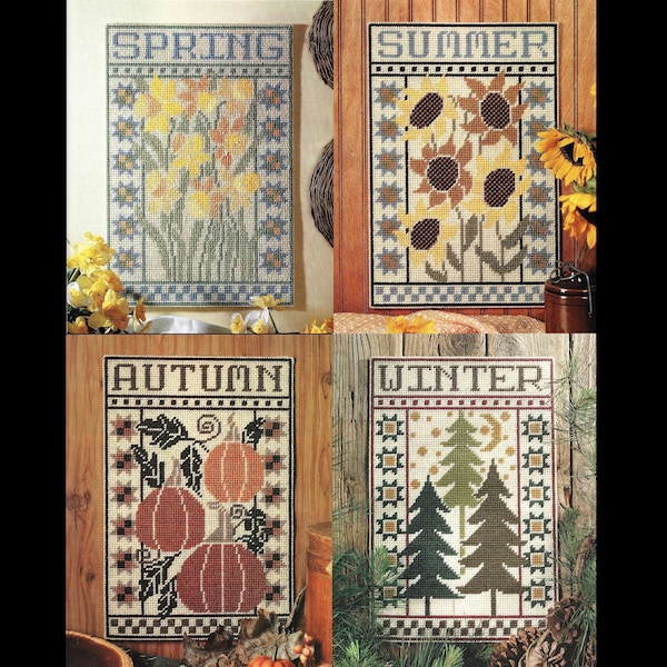 Vintage Plastic Canvas Seasonal Wall Hanging Patterns, set of 4, PDF Download, Instant Access, Summer, Spring, Fall, Winter, Autumn, Seasons