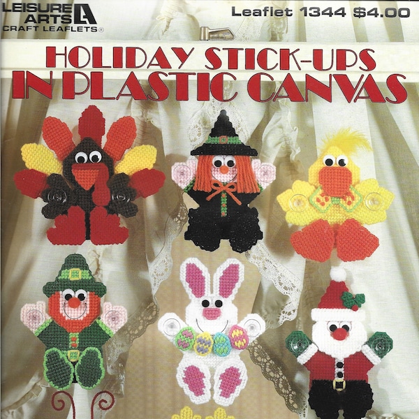 Vintage Plastic Canvas Holiday Stick Ups booklet, PDF Pattern, Digital Download, Instant Access, Easter, Santa, Leprechaun, Witch, Turkey