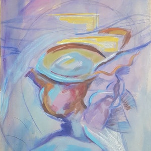 May include: Abstract painting of a teapot with a blue and purple background. The teapot is brown with a blue lid and a yellow handle. The painting is done in a loose, gestural style.
