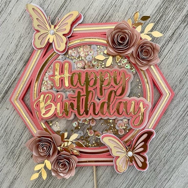 Topper de pastel de cumpleañera con agitador / topper de pastel 3D con flores y mariposa (archivo SVG digital)