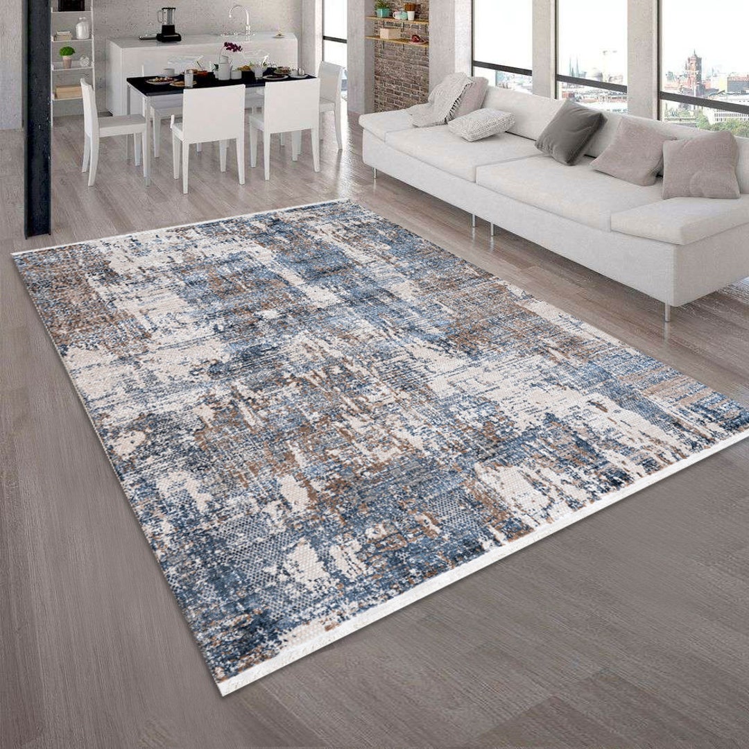 Blue Rug Abstract Pattern Designer Living Room Rug Abstract Pattern Modern Cream Blue - Etsy