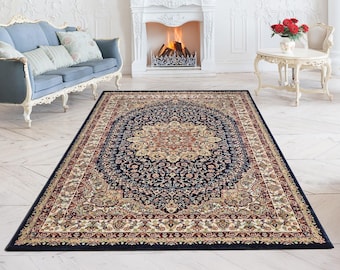 Living room Asfahan Oriental Rug Short Pile Navy Blue