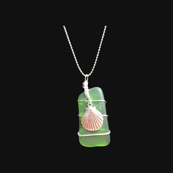 Tumbled glass with abalone charm necklace on silver