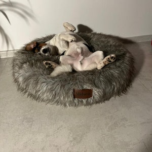 May include: A brown and gray furry dog bed with a brown leather tag that says "Milson". A white and brown dog is laying in the bed with its legs in the air.