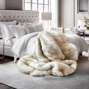 Luxurious fur throw – Enhance your home decor with exceptional comfort and elegance. This plush, beige throw is a must-have accent that perfectly complements stylish interior design, adding a unique touch to every space. Its soft, fluffy texture creates a focal point in glamorous bedroom setups, transforming your home into a serene sanctuary of chic design and home decor excellence.