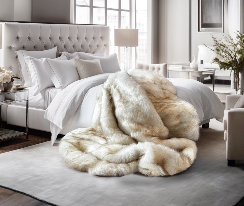 Luxurious fur throw – Enhance your home decor with exceptional comfort and elegance. This plush, beige throw is a must-have accent that perfectly complements stylish interior design, adding a unique touch to every space. Its soft, fluffy texture creates a focal point in glamorous bedroom setups, transforming your home into a serene sanctuary of chic design and home decor excellence.