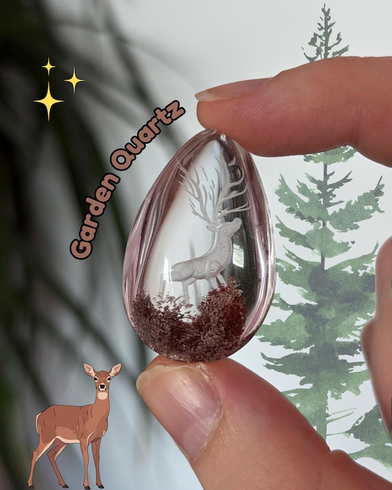 Etched Garden Quartz Deer Carving – Etched Lodolite Crystal Animal Inclusion