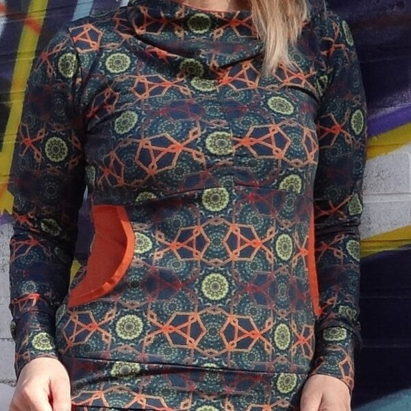 Handgemachter Mandala Hoodie, Größe S, Kapuzenpulli, Sweater, Pulli, Jersey, Geometrie, orange, grün, made in Germany, sehr enganliegend!!!