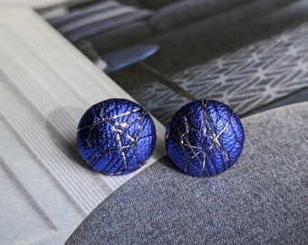Blue Mesh Stud Earrings, Hypoallergenic Fabric Button Earrings